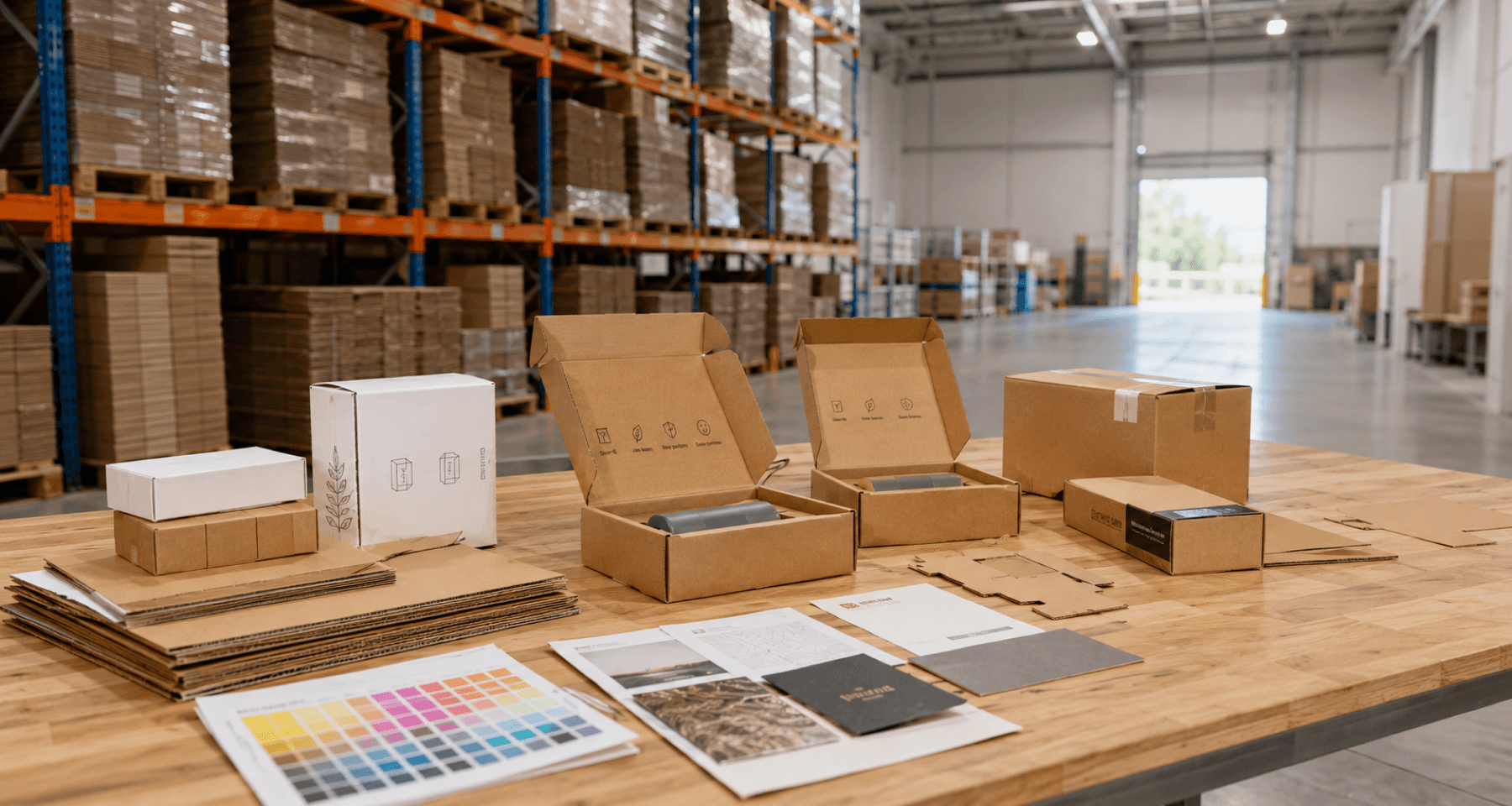 Range of Pakko packaging samples, colour swatches and finishes on a table